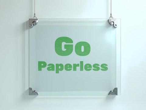 Go Paperless Text on Transparent Glass Board, Digital Transformation and Eco-Friendly Office Concept