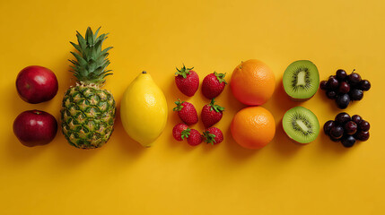 Fresh fruits arranged neatly on solid yellow background