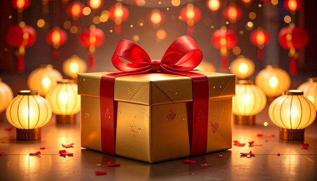 A beautifully wrapped golden gift box adorned with a red ribbon, surrounded by glowing lanterns and festive decorations
