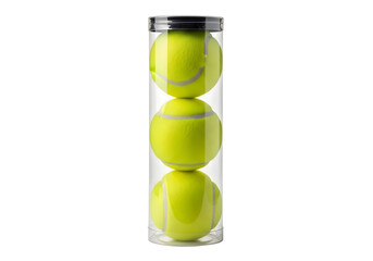 Three yellow tennis balls stacked in a clear plastic tube isolated on transparent background