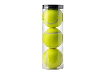 Three yellow tennis balls stacked in a clear plastic tube isolated on transparent background