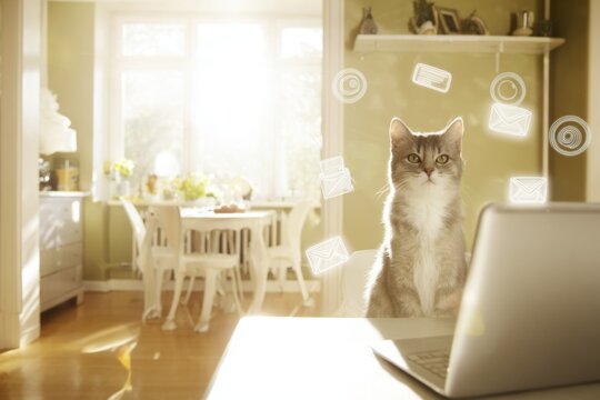 Charming cat sits like a pro at laptop in sunlit room. Silent notification harm. How messaging overload silently drains your focus and emotional energy. Bright morning. Sunny cat room.