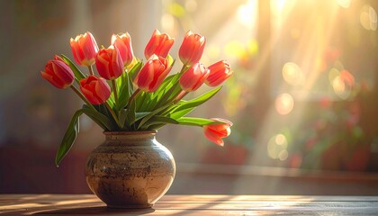 Vibrant red tulips in rustic vase bathed in golden sunlight, artistic composition.