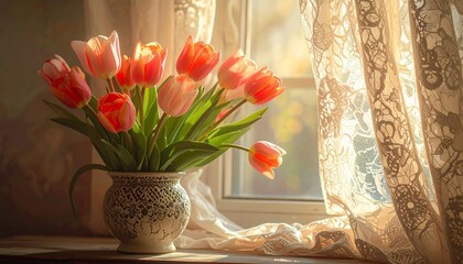 Radiant tulips in a decorative vase, illuminated by soft sunlight through lace curtains