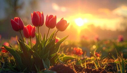 Red tulips glowing in golden sunlight, dew drops sparkling in a spring meadow