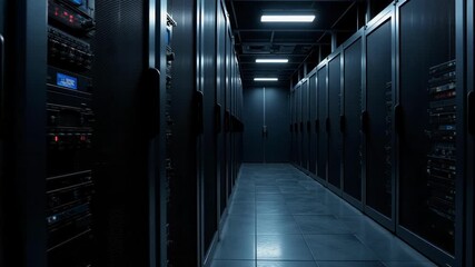 Dynamic server room footage showcasing data infrastructure with a shallow depth of field and left to right motion using slider in 4K resolution.