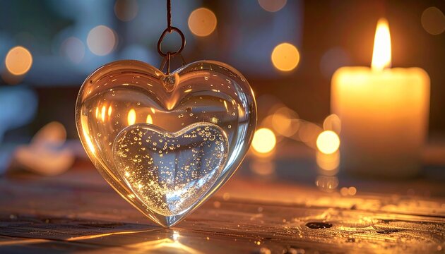 Illuminated glass heart with candlelight and bokeh, romantic and warm ambiance - Powered by Adobe