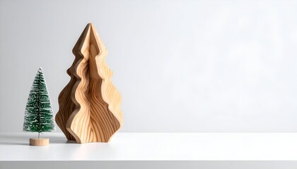 A minimalist display featuring a wooden Christmas tree sculpture next to a small decorative tree on a white background