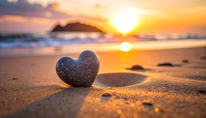 Heart-shaped stone on sandy beach at sunset with golden light