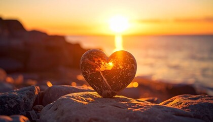 Fototapeta premium Heart-shaped stone illuminated by golden sunset on rocky shoreline