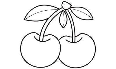 Cherry Outline Drawing – Pair of Cherries with Leaves, Minimal Line Art Fruit Vector