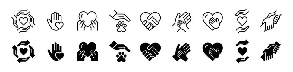 Charity hands icon set. Donation and aid symbol. Friendship logo. Vector illustration.
