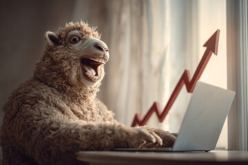 Sunlit room: sheep's enthusiastic laptop encounter. Avoid crypto loss. Cryptocurrency as rebellion or illusion in the modern economy. Charming sheep. Crypto for beginners.