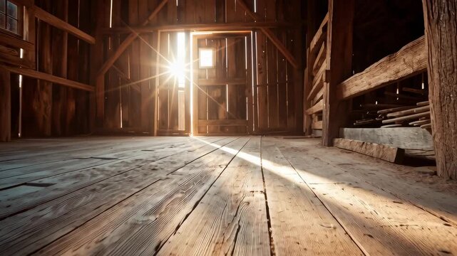 Old wooden barn interior with sunlight streaming through cracks, rustic texture, and weathered wooden floor