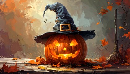 Carved pumpkin with a witch hat on a wooden surface surrounded by fallen leaves in an autumnal background