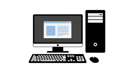 Digital workstation visualization featuring a monitor keyboard and computer tower setup illustration