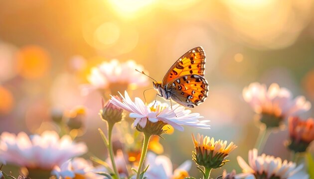Butterfly atop a white flower, with a soft golden bokeh background and gentle sunlight - Powered by Adobe