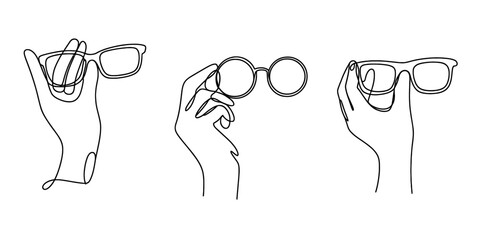 Minimalist continuous line art of three hands holding different styles of eyeglasses, representing vision, style, and fashion accessories Vector