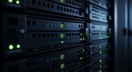 Close-up of server racks with glowing green lights in a dark data center, showcasing modern computing infrastructure and network technology.