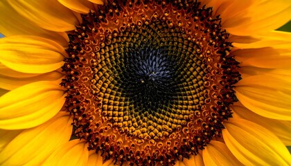 Obraz premium Close-up shot of a vibrant sunflower, showcasing its intricate center and radiating yellow petals in sunny detail