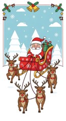 Fototapeta premium Santa Claus flying in sleigh pulled by reindeer in snowy landscape for New Year, Christmas 