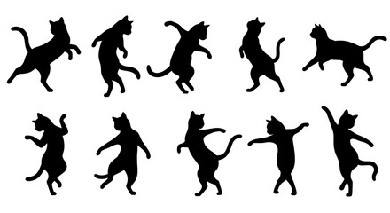 Collection of Playful Cat Silhouettes in Various Dynamic Poses.