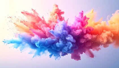 Colorful powder explosion in a dynamic burst of pinks, purples, blues, and oranges against a light background