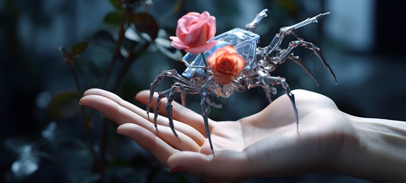A rose , a small creature made of glass that is sitting in the palm of your hand,generative AI - Powered by Adobe