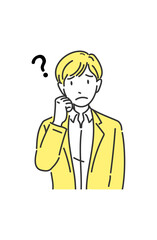  オフィスカジュアルの男性 困った表情（イエローアクセント）
