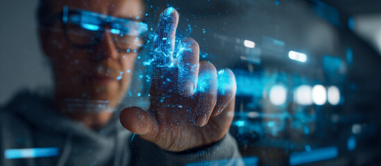 Human engages with futuristic holographic AI interface at home