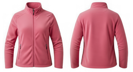 Pink fleece jacket, front and back view, isolated on transparent background