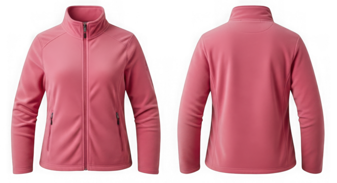 Pink fleece jacket, front and back view, isolated on transparent background