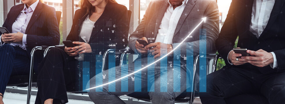 Business People Using Smartphones in Modern Office with Graph Indicator of Growth and Success Impute. - Powered by Adobe