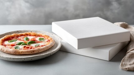 Mockup of a closed pizza box, plain Blank white pizza box mockup on a rustic wooden table with natural sunlight and shadows. Perfect for a pizzeria or restaurant branding template.