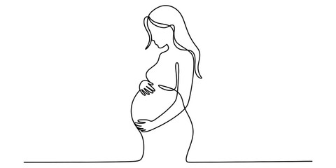 Continuous line art drawing of a pregnant woman embracing her baby bump with hands, depicting maternity, expectation, and new life journey Vector