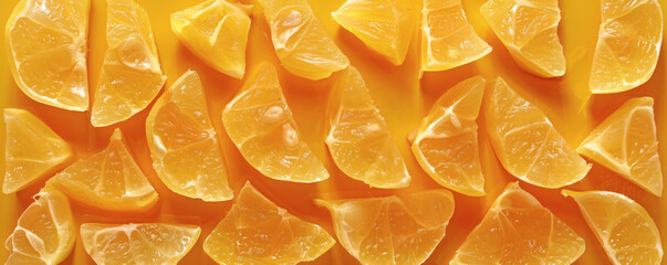 Fresh citrus orange wedges scattered on a vibrant yellow background