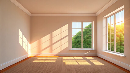 Sunlit Minimalist Room – Wooden Flooring and Large Windows with Sunset Shadows and Natural Outdoor View