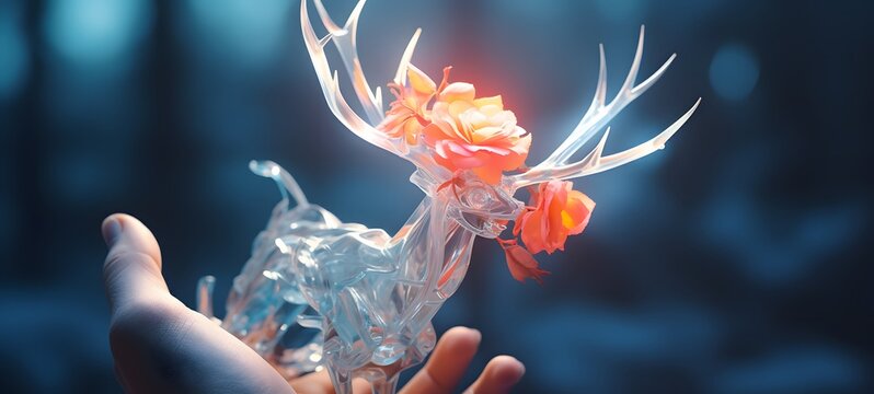 A rose , a small creature made of glass that is sitting in the palm of your hand,generative AI