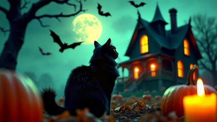 Black cat watching haunted house at halloween