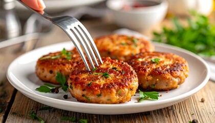 Close-up of a fork piercing into a meat patty on a white plate atop a rustic wooden surface