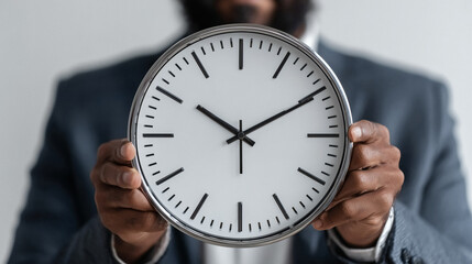 Professional man holding clock shows importance of deadlines and time management for success at work and business