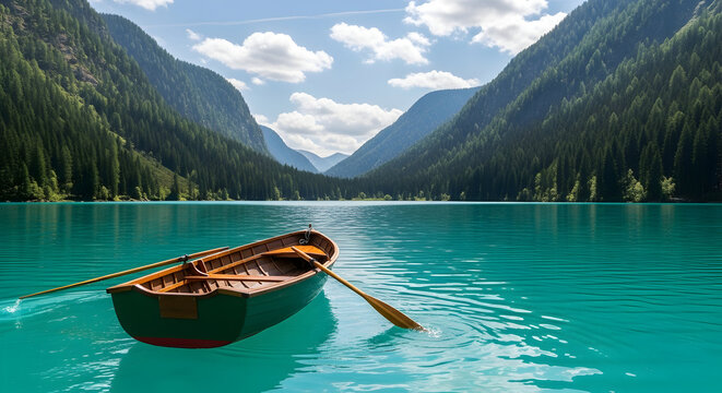  Turquoise Mountain Lake with Rowboat — Alpine Reflection
 - Powered by Adobe