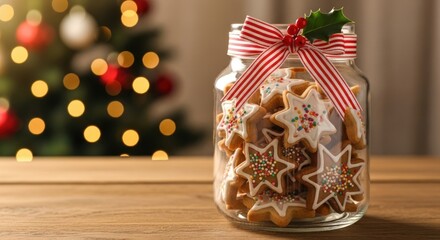 Star shaped christmas cookies in a jar with a red and white ribbon on a wood table