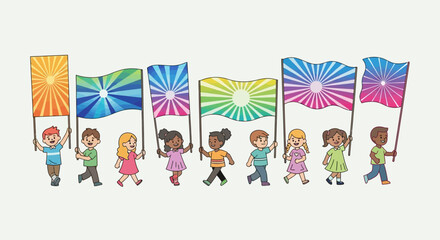 Cheerful children parade holding vibrant sunburst flags symbolizing unity and joyful diversity