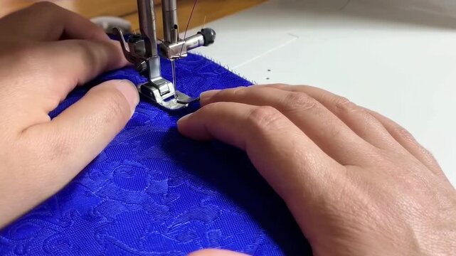 Close-up of a person's hands and a sewing machine.