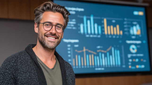 Confident businessman presenting financial data with a winning smile in a modern office setting - Powered by Adobe