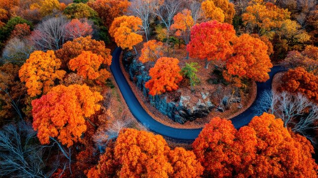 Autumn colors transform a scenic road in a vibrant forest aerial view of nature's palette - Powered by Adobe