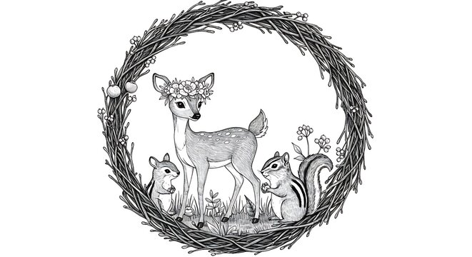 Charming Forest Friends in a Wreath - A Delightful Black and White Illustration of a Fawn and Chipmunks. - Powered by Adobe