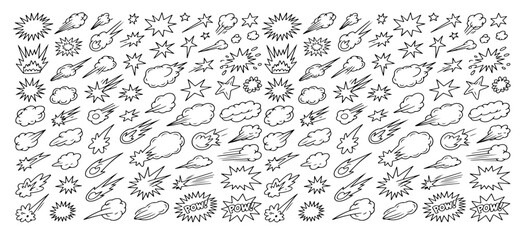 Line speed cartoon effect, boom explosive motion line element set. Comic boom burst, explosive smoke, line speed cartoon vector icon. Hand drawn sketch doodle action effect. Vector illustration