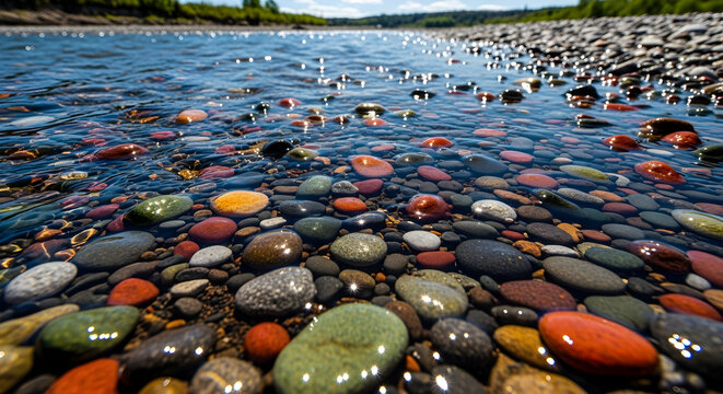 Title: Pebble Beach with Title: Pebble Beach with Colourful Stones — Smooth River Rock Beach
 